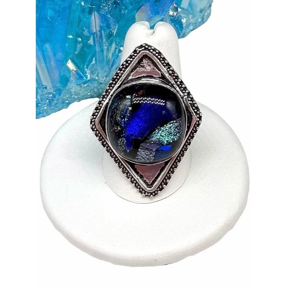 Blue Dichroic Art Glass Ring Size 9.5 925 Sterling Silver Overlay
